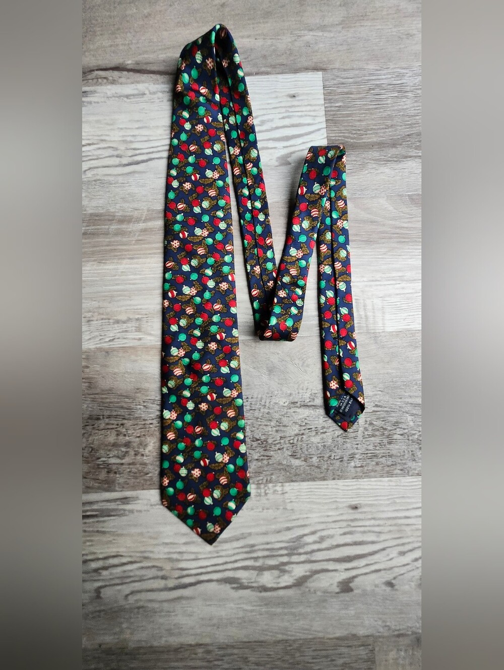 Lands End Christmas Tie 100% Silk USA Navy Ornament Holiday Novelty Necktie